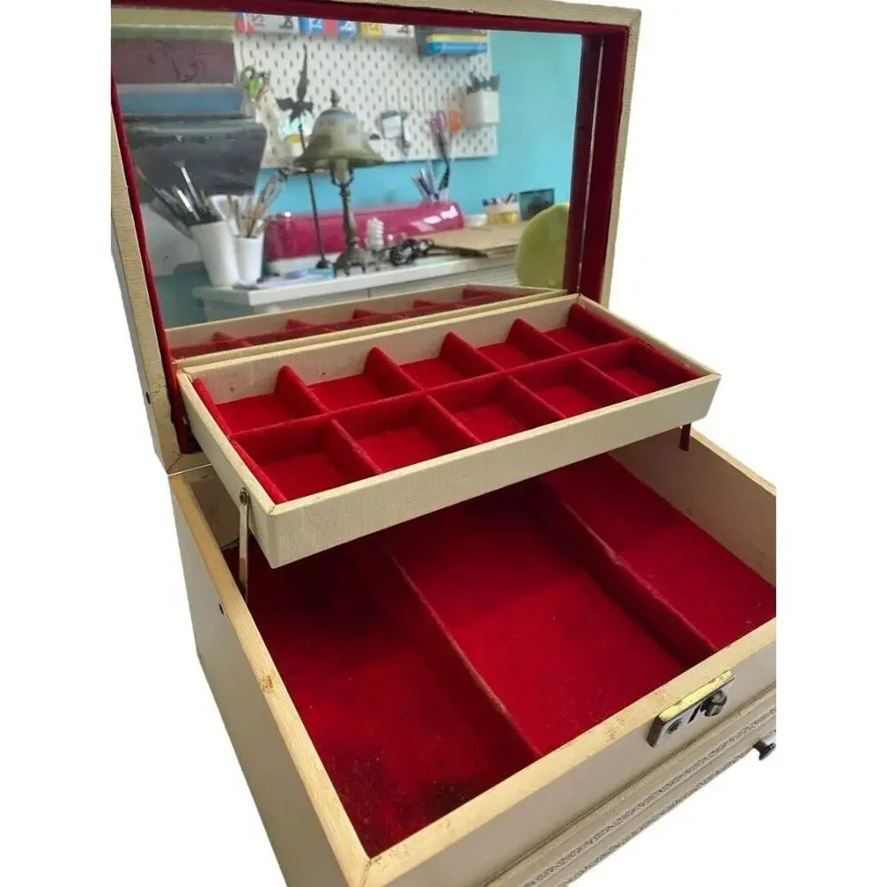Vintage Cream Jewelry Box Red Velvet Lining 4 Tier Mirrored